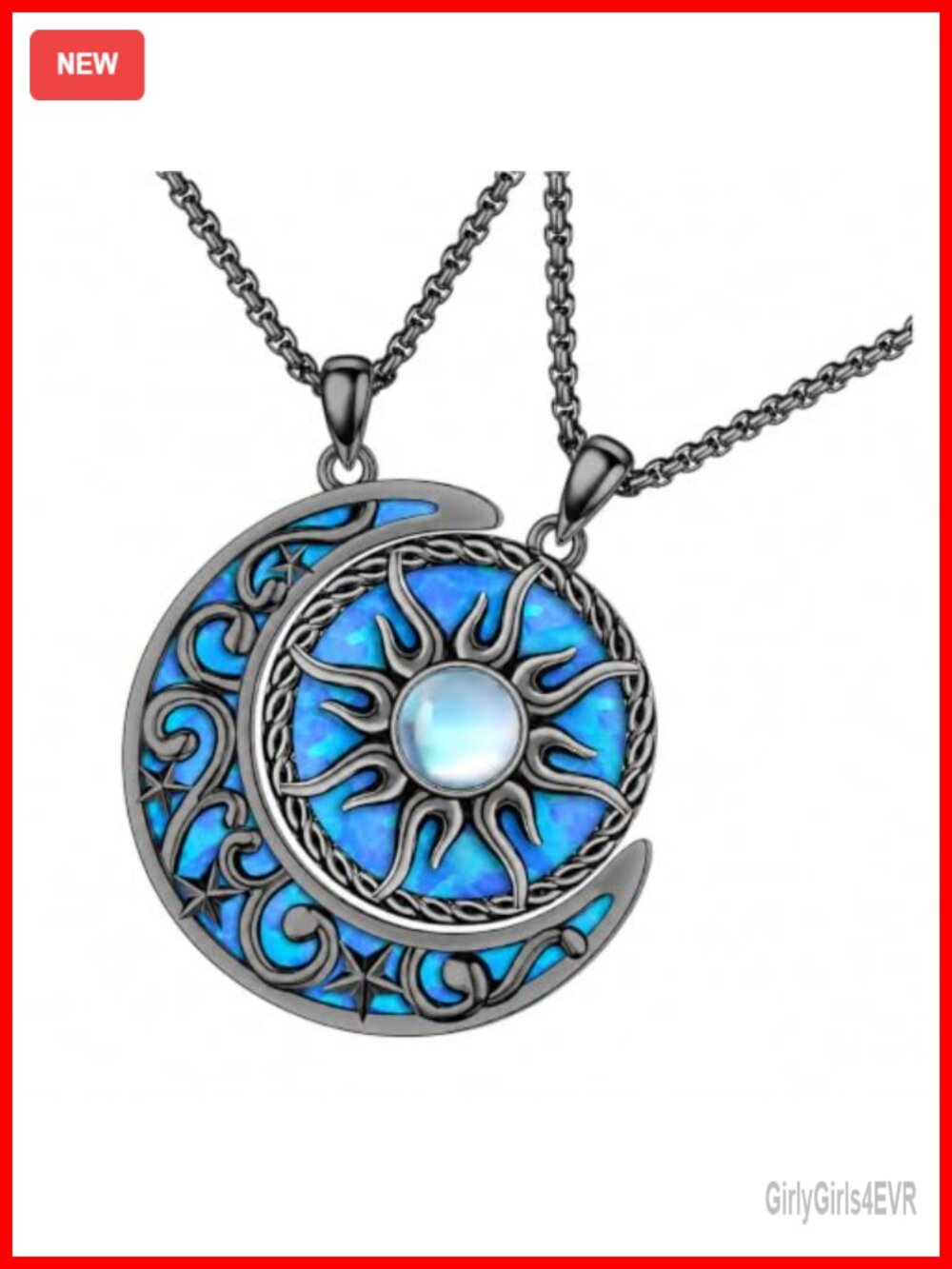 Sun Moon Couple Necklace Opal Pendant Stainless Steel Chain